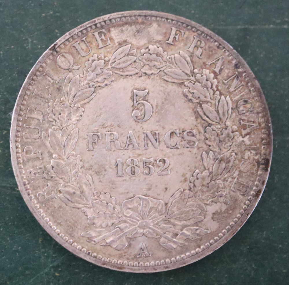 A Louis-Napoleon silver 5 Francs, 1825A, NEF